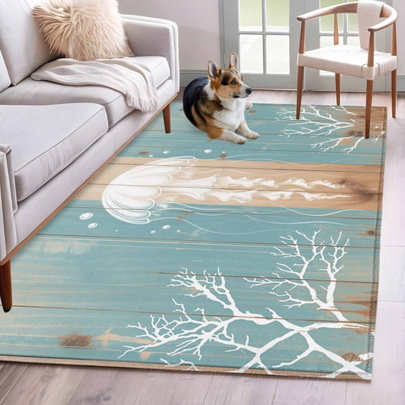 Coastal Jellyfish Area Rugs 3'x5', Washable Small Throw Rugs for Living Room Bedroom, Summer Coral Ocean Vintage Wood Indoor Outdoor Rug Non-Slip Low Pile Carpet Runner Reversible Floor Mats