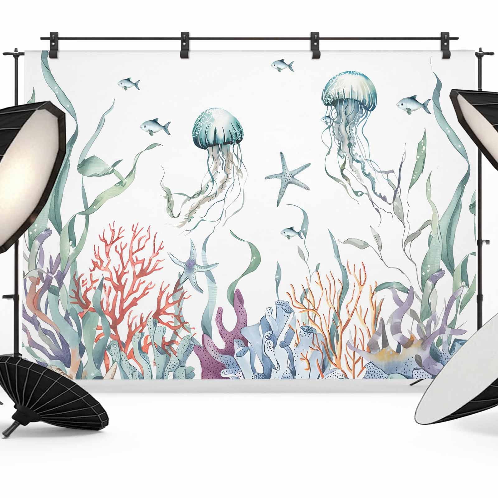 10x8ft photo backdrop, starfish coastal soft polyester... Coastal Jellyfish Backdrop for Photography,Fabric Photo Background ...