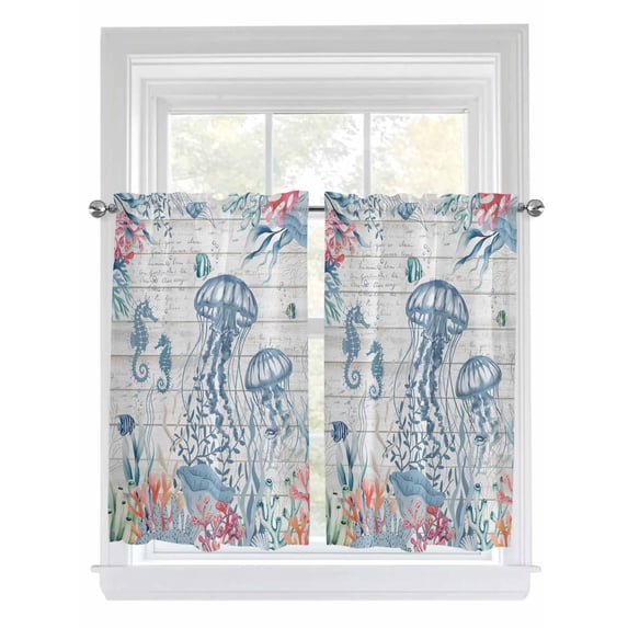 Coastal Jellyfish Bathroom Window Curtain, Beach Nautical Ocean Coral Seahorse Vintage Light Filtering Coffee Kitchen Curtains, Bedroom Living Room Curtains 2 Panel 84"x45"