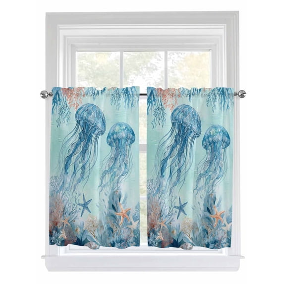 Coastal Jellyfish Blue Bathroom Window Curtain, Summer Beach Nautical Coral Starfish Light Filtering Coffee Kitchen Curtains, Bedroom Living Room Curtains 2 Panel 84"x45"