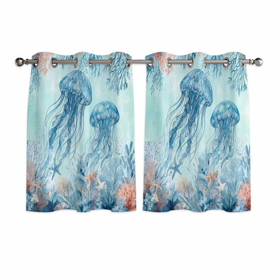 Coastal Jellyfish Blue Kitchen Curtains Window Panels, Summer Beach Nautical Coral Starfish Insulated Window Treatment Curtain, Grommet Curtains for Bedroom/Living Room/Bathroom, 2 Piece 42"Wx45"L