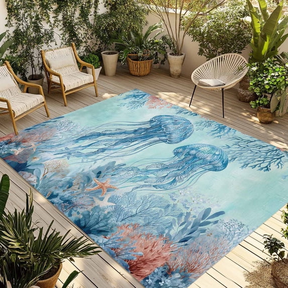 Coastal Jellyfish Blue Outdoor Rug 3x5 Ft - Reversible Patio Rug Outdoor Camping Rugs, Summer Beach Nautical Coral Starfish Indoor Outdoor Area Rugs, Non-Slip Outdoor Carpet Runner for Deck/Porch