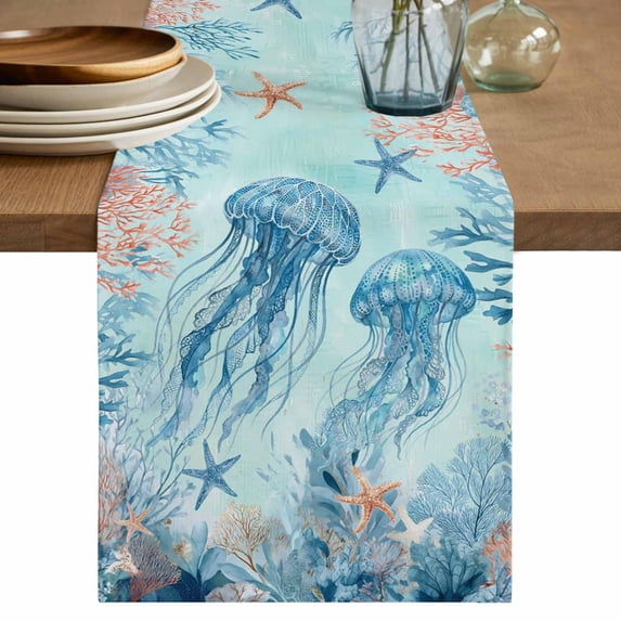 Coastal Jellyfish Blue Table Runner 60 Inches, Summer Beach Nautical Coral Starfish Bed Runner Dresser Scarves Tabletop for Indoor Outdoor Parties/Ceremony/Banquet, 13" x 60"