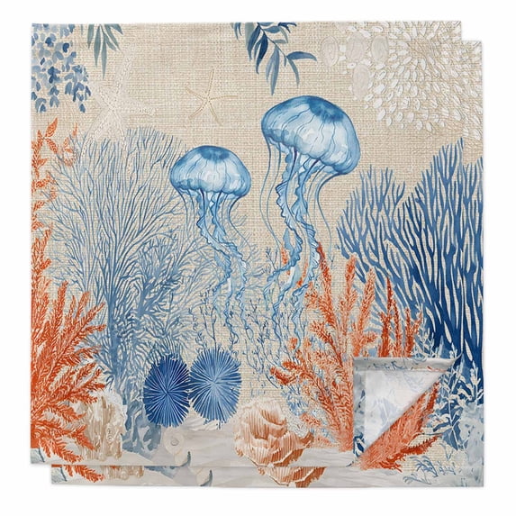 Coastal Jellyfish Cloth Napkins, Nautical Ocean Orange Blue Coral Leaves Washable and Reusable Dinner Napkins Set of 2, Table Napkin for Kitchen Party Birthday Wedding Hotel Housewarming 20"x20"