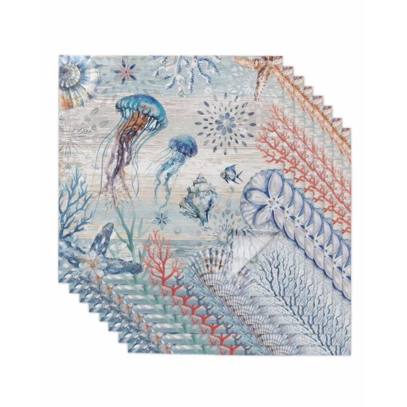 Coastal Jellyfish Cloth Napkins Set of 8 Reusable Dinner Napkins, Blue Nautical Marine Life Conch Coral Cocktail Napkin Washable Table Napkins for Wedding/Holiday Party/Baby Shower 20"x20"