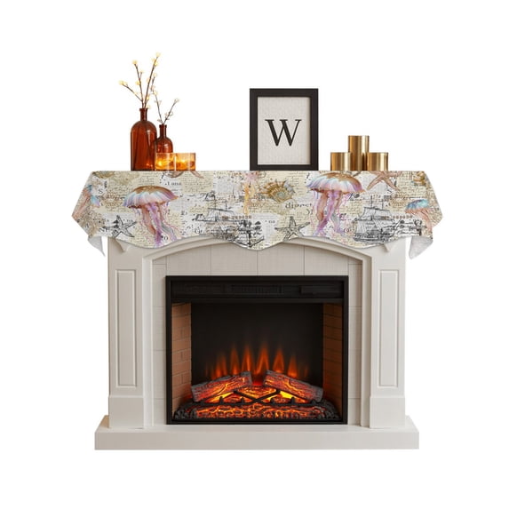 Coastal Jellyfish Fireplace Mantel Scarf Cover 60"Wx17"L,Fireplace Mantel Shelf Top Runner,Vintage Nautical Summer Beach Starfish Mantle Dresser Scarves Table Runner for Holiday Party Living Room