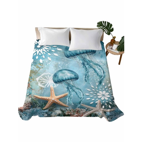 Coastal Jellyfish Flat Sheet Only Twin Size, Soft Breathable Bed Top Sheets for Mattress, Blue Coral Starfish Abstract Painting Luxury Bedding Flat Sheets for Home Hotel Bedroom Bed Protection