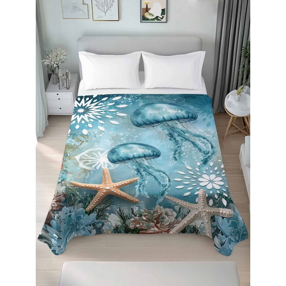 Coastal Jellyfish King Size Flat Sheet, Wrinkleproof & Fadeproof Cooling Flat Bed Sheet Only, Blue Coral Starfish Abstract Painting Breathable Soft Bedding Top Sheets 105 x 98 Inches
