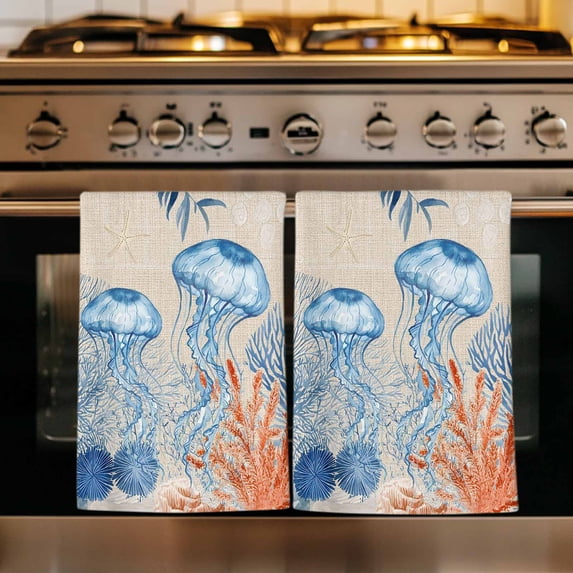 Coastal Jellyfish Kitchen Towels Set of 1, Nautical Ocean Orange Blue Coral Leaves Absorbent Dish Towels for Kitchen, Microfiber Hand Towel, Quick Drying Tea Towel for Cleaning Decorative Dishcloths