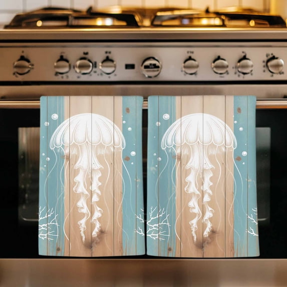 Coastal Jellyfish Kitchen Towels Set of 3, Summer Coral Ocean Vintage Wood Absorbent Dish Towels for Kitchen, Microfiber Hand Towel, Quick Drying Tea Towel for Cleaning Decorative Dishcloths