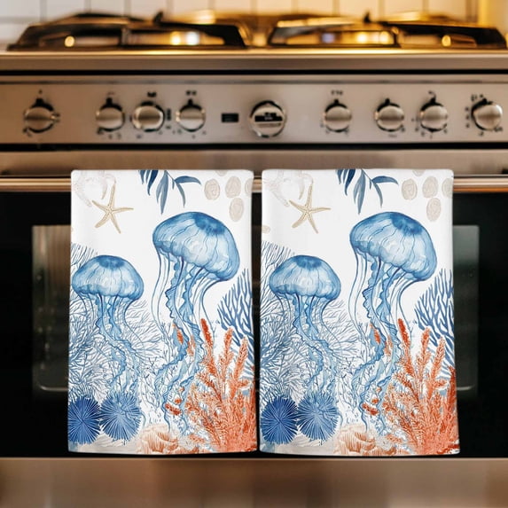 Coastal Jellyfish Kitchen Towels Set of 4, Ocean Nautical Starfish Coral Leaves Absorbent Dish Towels for Kitchen, Microfiber Hand Towel, Quick Drying Tea Towel for Cleaning Decorative Dishcloths