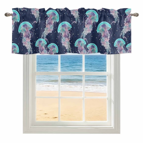Coastal Jellyfish Kitchen Valances for Windows 42x18 Inch Kitchen Curtains Valances Rod Pocket Deep Sea Nautical Navy Purple Marine Bathroom Window Valances for Window Treatment Decor