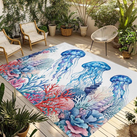 Coastal Jellyfish Outdoor Rug for Patio/Deck/Porch, Non-Slip Large Area Rug 3 x 5 Ft, Summer Ocean Sea Coral Animals Watercolor Indoor Outdoor Rugs Washable Area Rugs, Camping Rug Carpet Runner