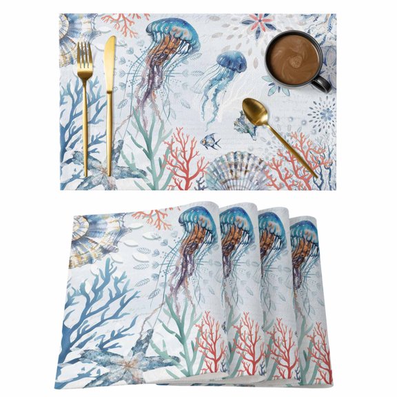 Coastal Jellyfish Placemats Set of 4, Farmhouse Nautical Conch Coral Starfish Placemats for Dining Table, Place Mats for Kitchen Tabletop, Waterproof Wipeable Dining Table Mats Set