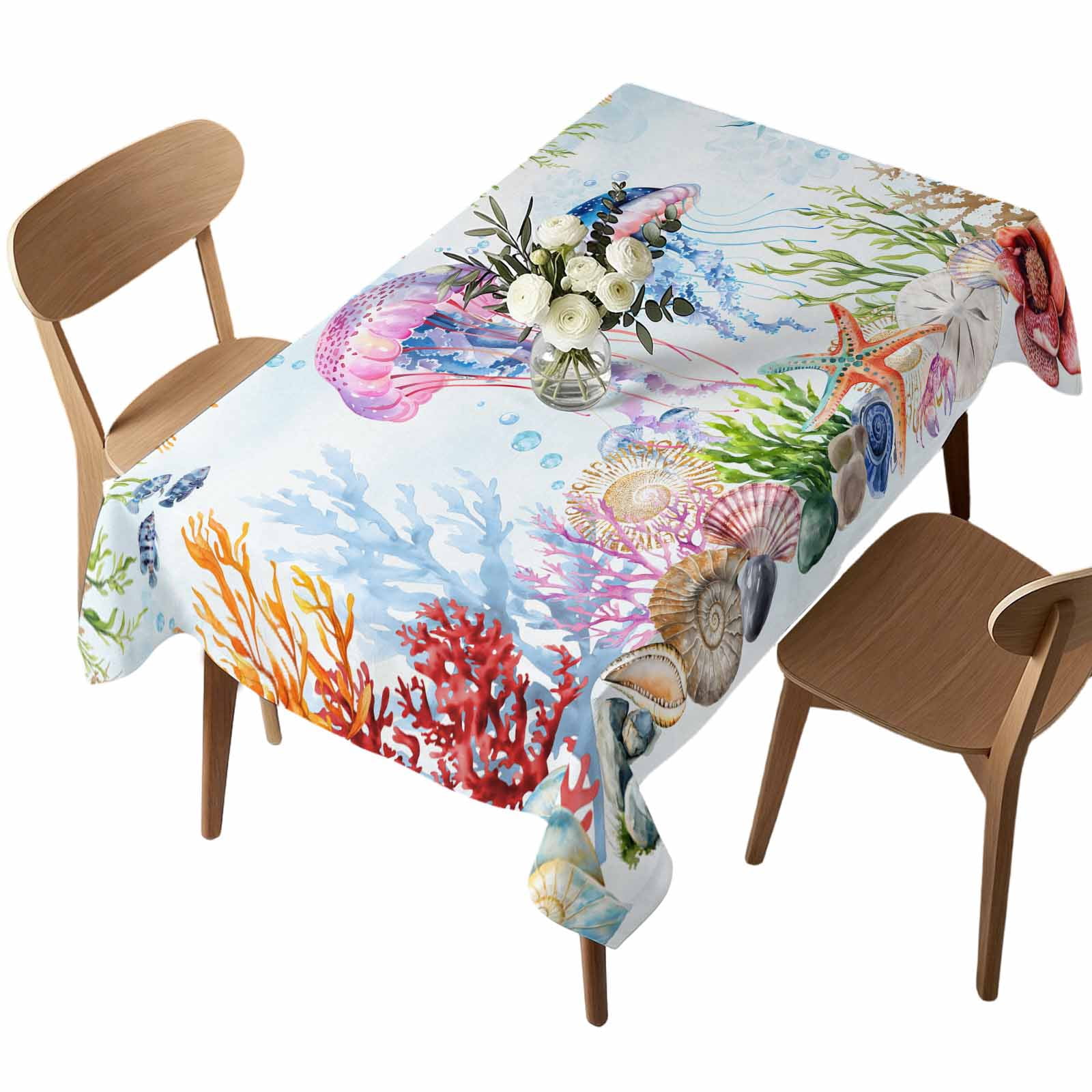 Coastal Jellyfish Rectangle Tablecloth Coral Conch Waterproof Wrinkle ...
