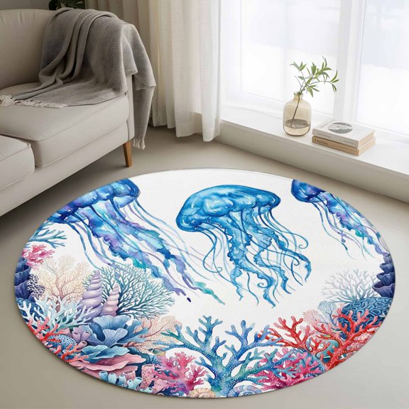 Coastal Jellyfish Round Area Rug 3Ft Washable Small Circle Rugs for Kitchen Entryway, Summer Ocean Sea Coral Animals Watercolor Non-Slip Carpet Floor Mats Indoor Outdoor Carpet Runner Home Decor
