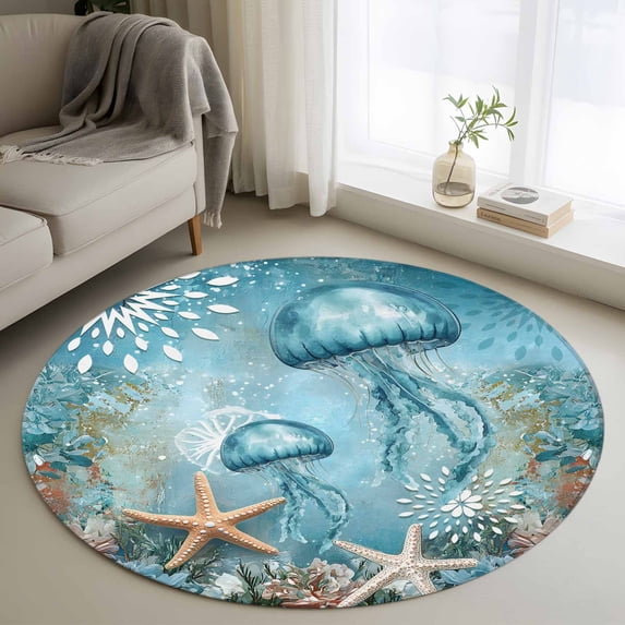 Coastal Jellyfish Round Area Rug 4 FT, Non Slip Indoor Outdoor Rug, Blue Coral Starfish Abstract Painting Washable Soft Circular Carpet Non-Shedding Floor Mat for Coffee Table Nursery Foyer Balcony