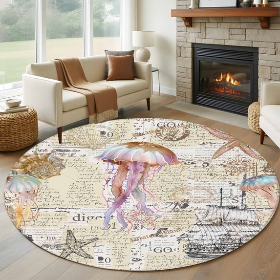 Coastal Jellyfish Round Area Rug 7 FT,Non Slip Living Room Area Carpet,Vintage Nautical Summer Beach Starfish Washable Soft Circular Rug Floor Carpet for Bedside Office Play Room Classroom