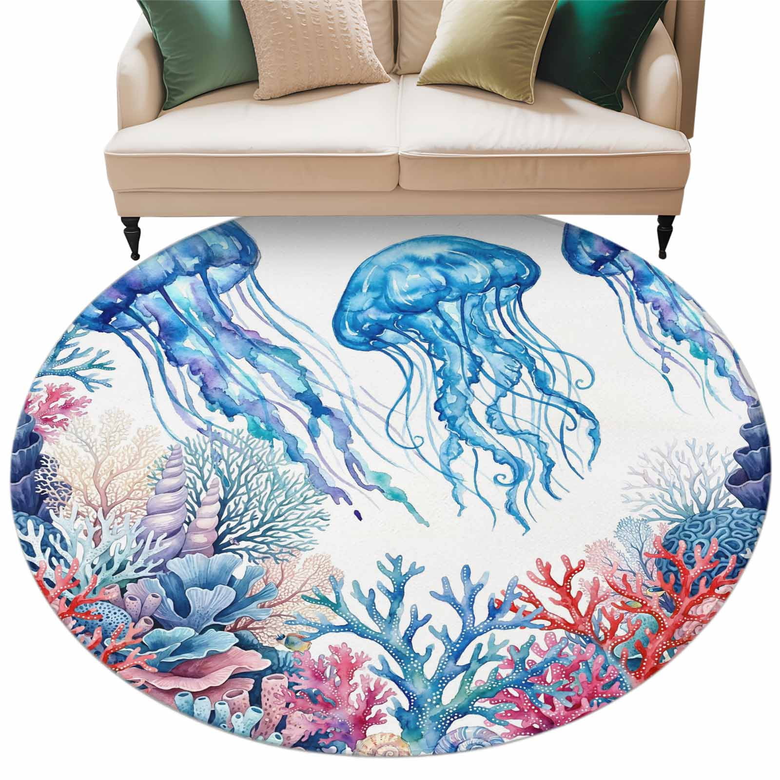 Coastal Jellyfish Round Rug 7ft Washable Circle Rugs Non Slip Summer ...