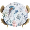 thumbnail image 1 of Coastal Jellyfish Round Tablecloth, Fitted Table Cover with Elastic for 55"-60" Round Tables, Farmhouse Nautical Conch Coral Starfish Table Cloth Outdoor Indoor Dinning Party Waterproof Tablecloths, 1 of 7