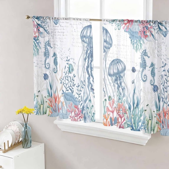Coastal Jellyfish Sheer Curtains 45 Inch Length 2 Panels Set Window Treatments, Summer Beach Nautical Ocean Coral Seahorse Rod Pocket Semi Curtains for Living Room/Bedroom/Kitchen, 104"W x 45"L