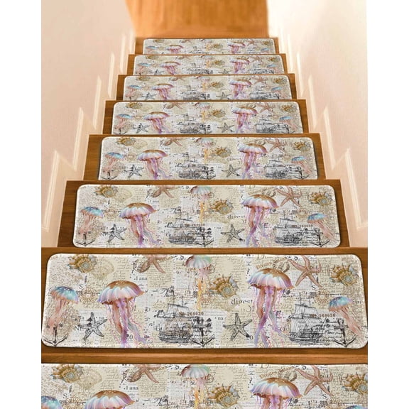 Coastal Jellyfish Stair Treads for Wooden Steps Indoor Runner Rug Carpet, Vintage Nautical Summer Beach Starfish 4 Pieces Peel and Stick Staircase Step Treads Covers Washable Throw Door Mats, 30"x8"