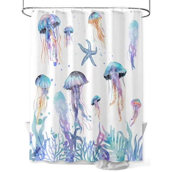 Coastal Jellyfish Standard Shower Curtain Set, Waterproof Shower Curtains for Bathroom, Summer Beach Nautical Ocean Washable Fabric Cloth Bath Curtain for Bathtub Decoration with Hooks 72x72 Inches