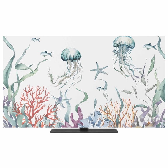 Coastal Jellyfish TV Dust Cover,Stretchable TV Screen Desktop Computer Protector Cover,Ocean Nautical Starfish Coral Seaweed Television Dustproof Slipcover for 28–32 Inch Flat or Curved TVs