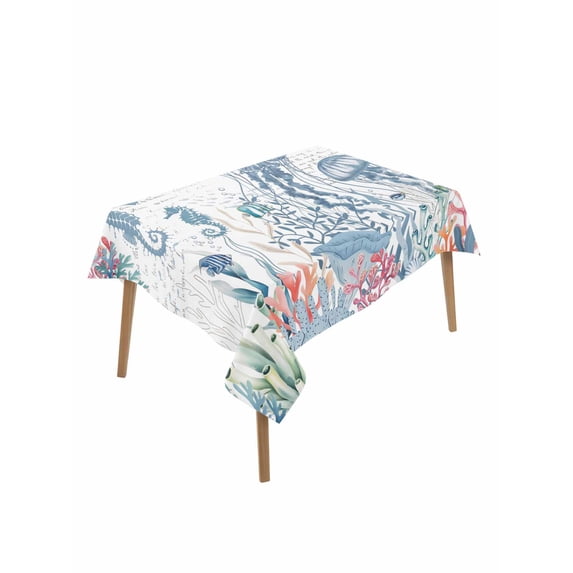 Coastal Jellyfish Table Cloth, Waterproof Tablecloth for Rectangle Tables, Summer Beach Nautical Ocean Coral Seahorse Reusable Washable Fabric Table Cover for Restaurant Kitchen Dining Tables 52"x70"