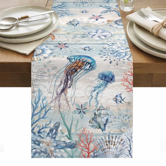 Coastal Jellyfish Table Runner - 36 Inch Long, Kitchen Dining Table Runner Dresser Scarves, Blue Nautical Marine Life Conch Coral Farmhouse Decor for Coffee Tables Wedding Party Banquet