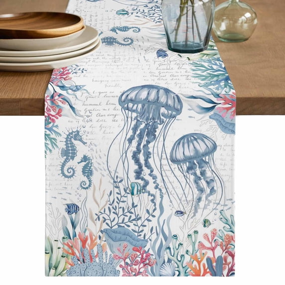 Coastal Jellyfish Table Runner 60 Inches, Summer Beach Nautical Ocean Coral Seahorse Bed Runner Dresser Scarves Tabletop for Indoor Outdoor Parties/Ceremony/Banquet, 13" x 60"