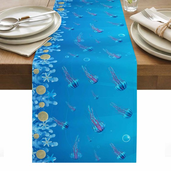 Coastal Jellyfish Table Runner Nautical Coral Starfish Ocean Creatures Tablerunners 13 x 36 Inch, Table Decorations Tabletop Scarf for Summer Gathering Holiday Farmhouse Kitchen Dining Decor