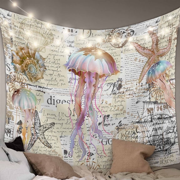 Coastal Jellyfish Tapestry for Bedroom Wall Hanging Tapestry, Vintage Nautical Summer Beach Starfish Ceiling Backdrop Tapestries Poster Blanket Wall Decor for Teens Room Living Room Dorm 59" x 90"