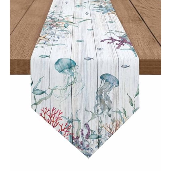Coastal Jellyfish Triangle Table Runners Long Dresser Scarves Table Decoration for Wedding Party/Graduation Ceremony/Banquet Vintage Coral Seaweed Starfish Blue