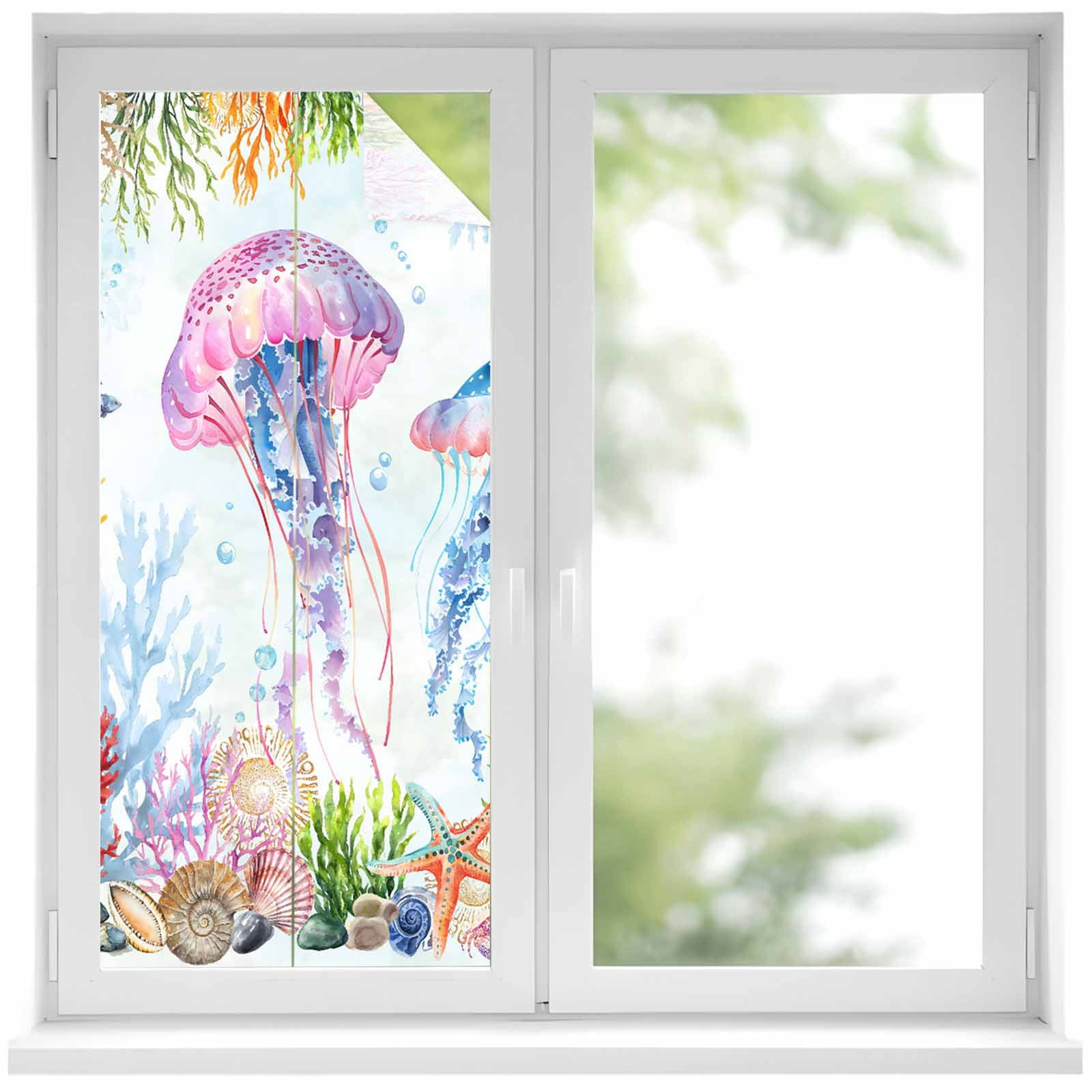 Coastal Jellyfish Window Privacy Film, Coral Conch Frosted Glass Window ...