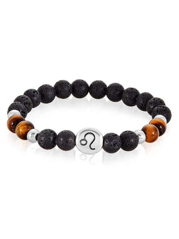 Men's Leo Sign Agate and Lava Stone Bead Stretch Bracelet