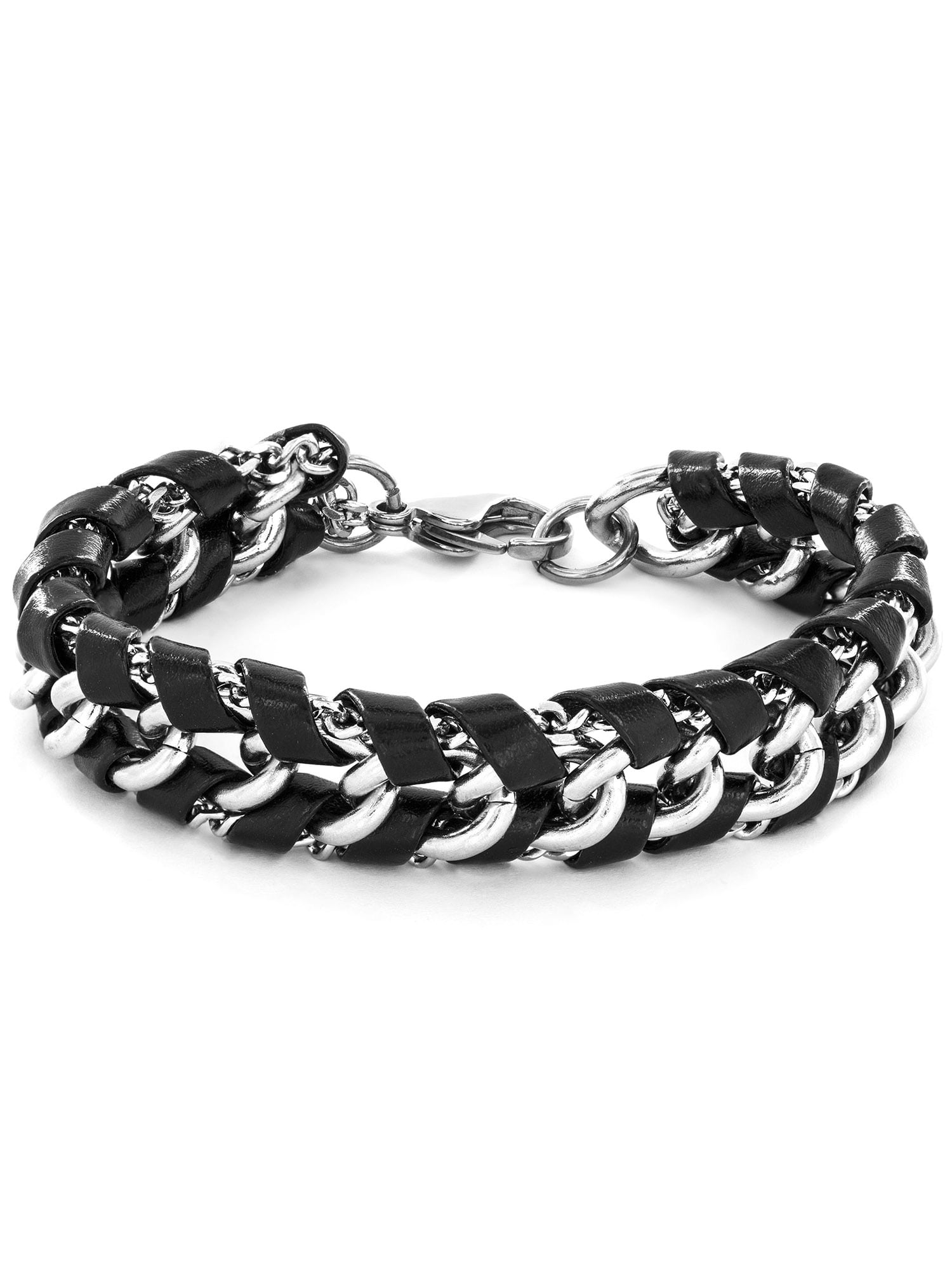 Coastal Jewelry Black Leather and Stainless Steel Chain Link Bracelet