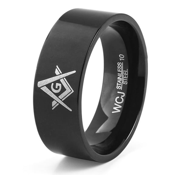 West Coast Jewelry Men's Masonic Symbol Center Black Plated Ring (8mm)