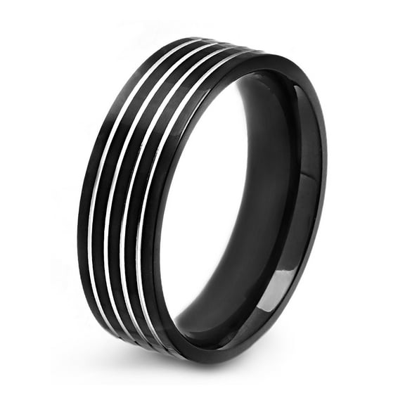 West Coast Jewelry Men's Polished Grooved Striped Black Steel Ring (8mm)