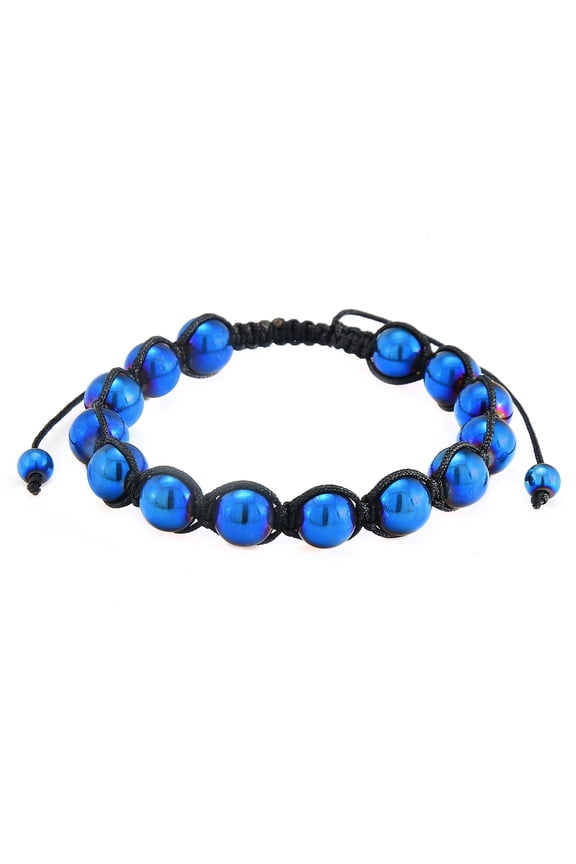 Men's Blue Plated Hematite Stone Bead Adjustable Bracelet