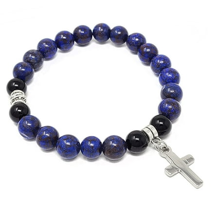ELYA Jewelry Women's Cross Charm Blue Agate Stone Bead Stretch Bracelet