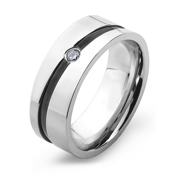 West Coast Jewelry Men's Cubic Zirconia Diagonally Striped Stainless Steel Ring