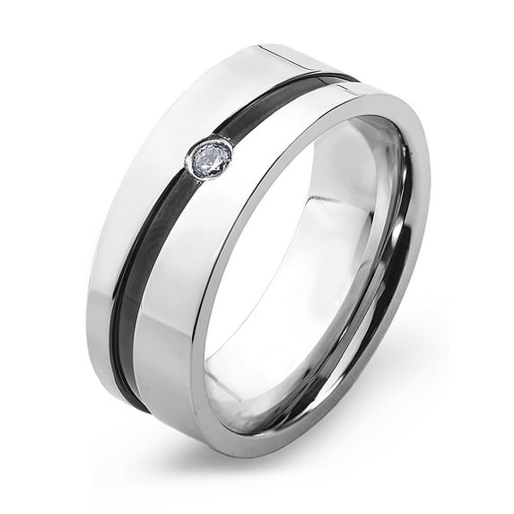 West Coast Jewelry Men's Cubic Zirconia Diagonally Striped Stainless Steel Ring