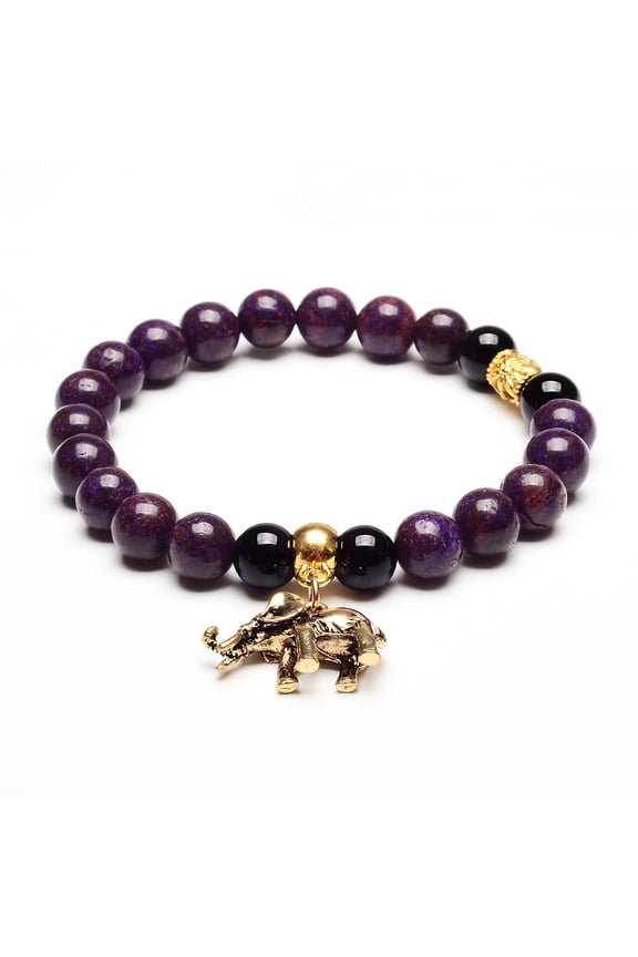 Jewelry Women's Elephant Charm Agate Stone Bead Stretch Bracelet (8mm Wide)