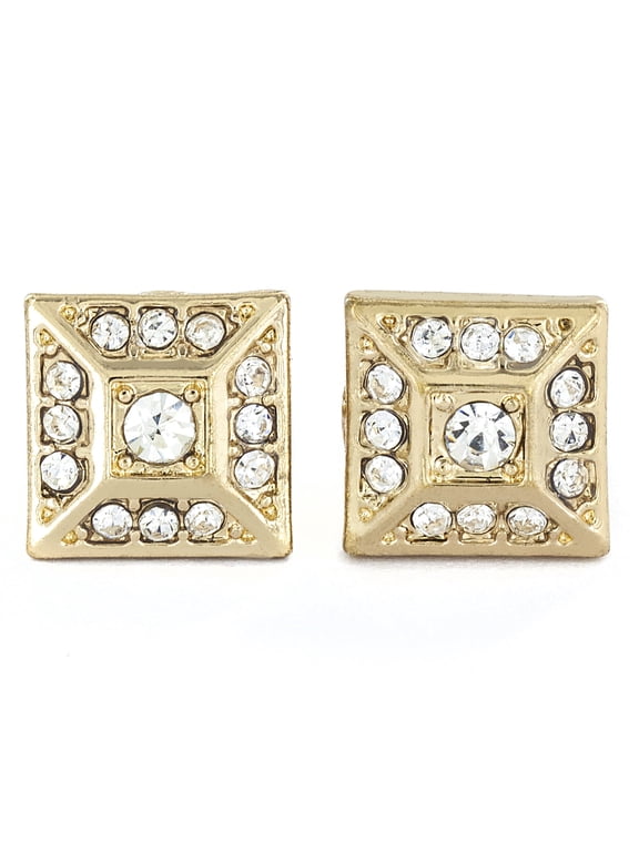 Women's Micro Pave Crystal Square Pyramid Gold Tone Stud Earrings
