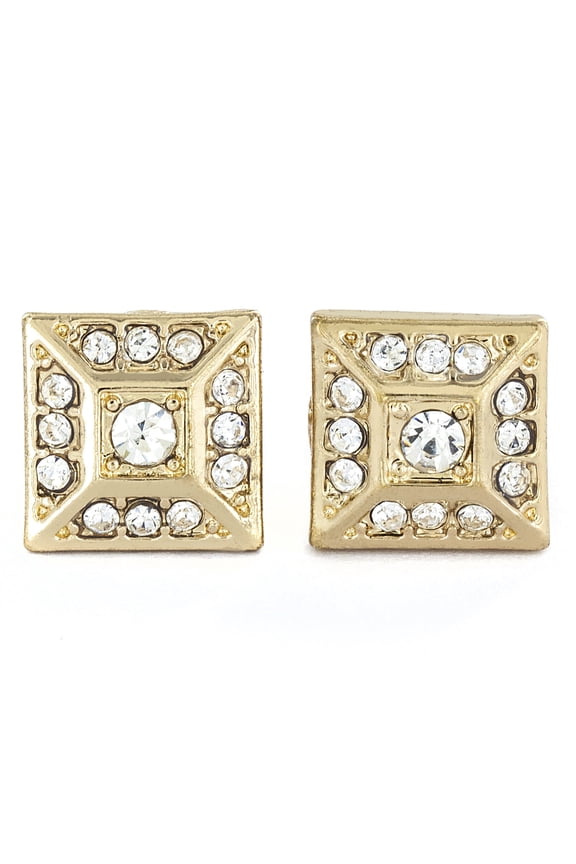 Women's Micro Pave Crystal Square Pyramid Gold Tone Stud Earrings