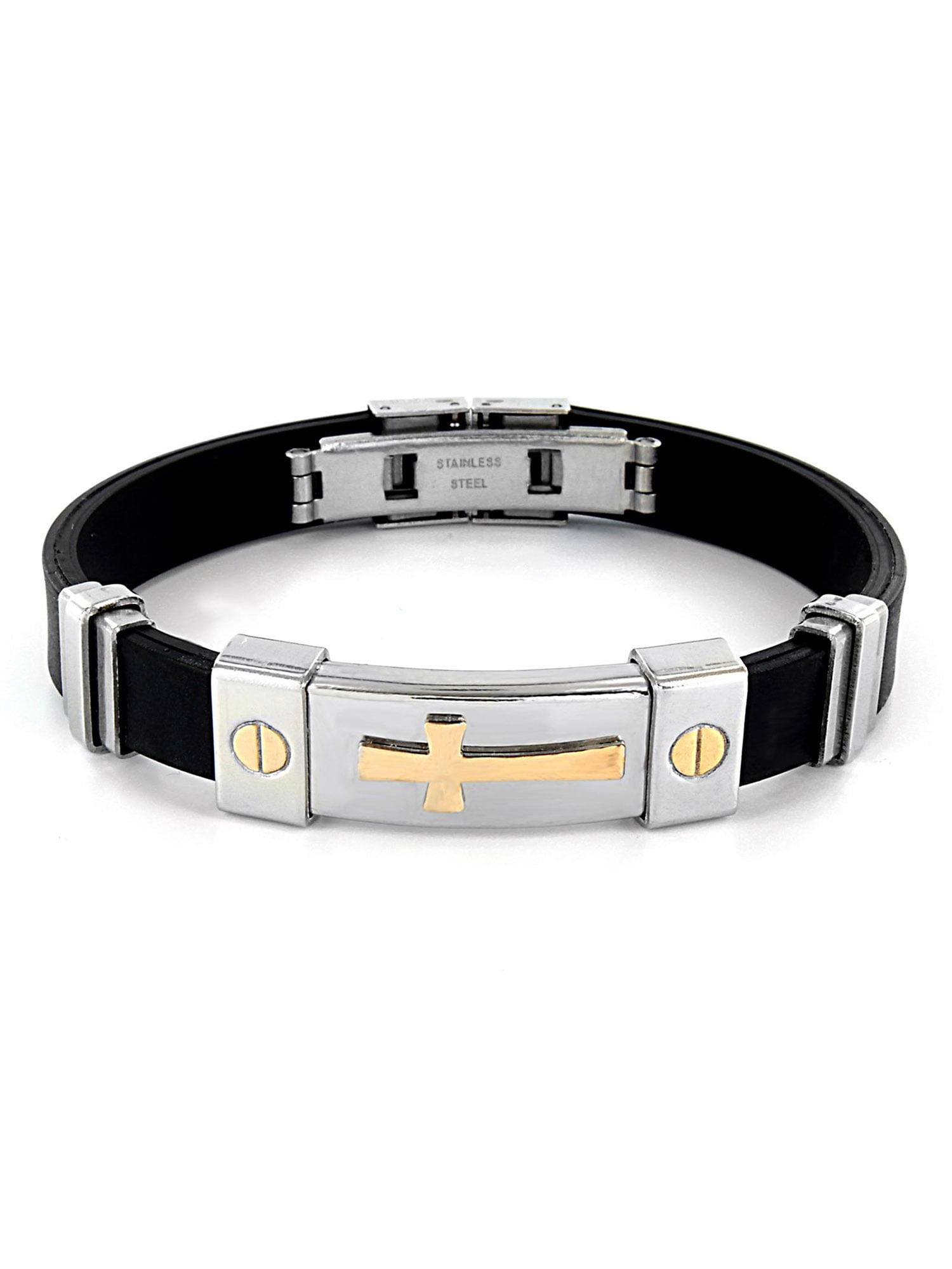 Stainless Steel Men's Gold Plated and Black Rubber Bracelet -- 8.75 Inches