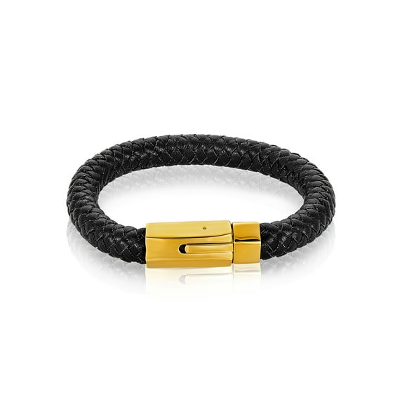 Coastal Jewelry Gold Plated Stainless Steel Black Leather Bracelet