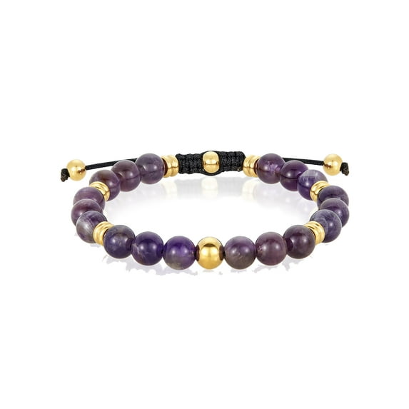 Coastal Jewelry Men's Amethyst Stone and Gold Plated Stainless Steel Beaded Adjustable Bracelet (8mm)