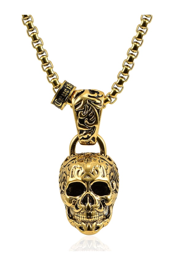 Jewelry Men's Antiqued and Polished Gold Plated Stainless Steel Extra Large Skull Necklace - 28"